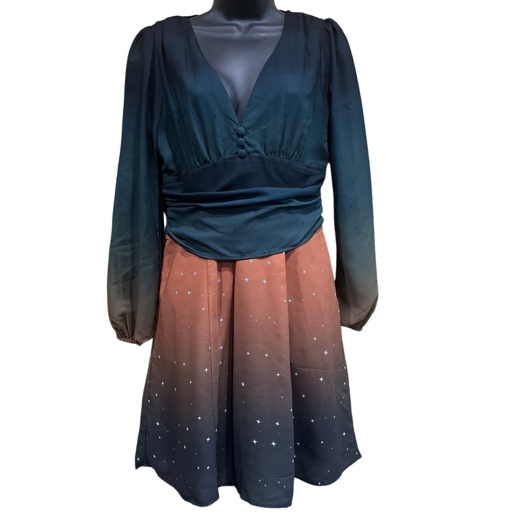 Wayward Fancies Dress Womens Sz S Teal Orange‎ Ombre Celestial Star V-Neck Flare
